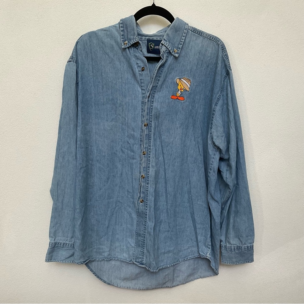 Summit Fedora Tweety Bird Graphic Lightweight Denim Shirt Size Large
